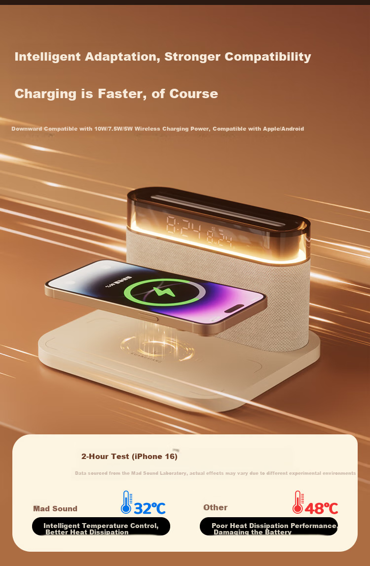 Bluetooth-колонка Kuangxiang S26S с беспроводной зарядкой, ночником и будильником, цвет бежевый