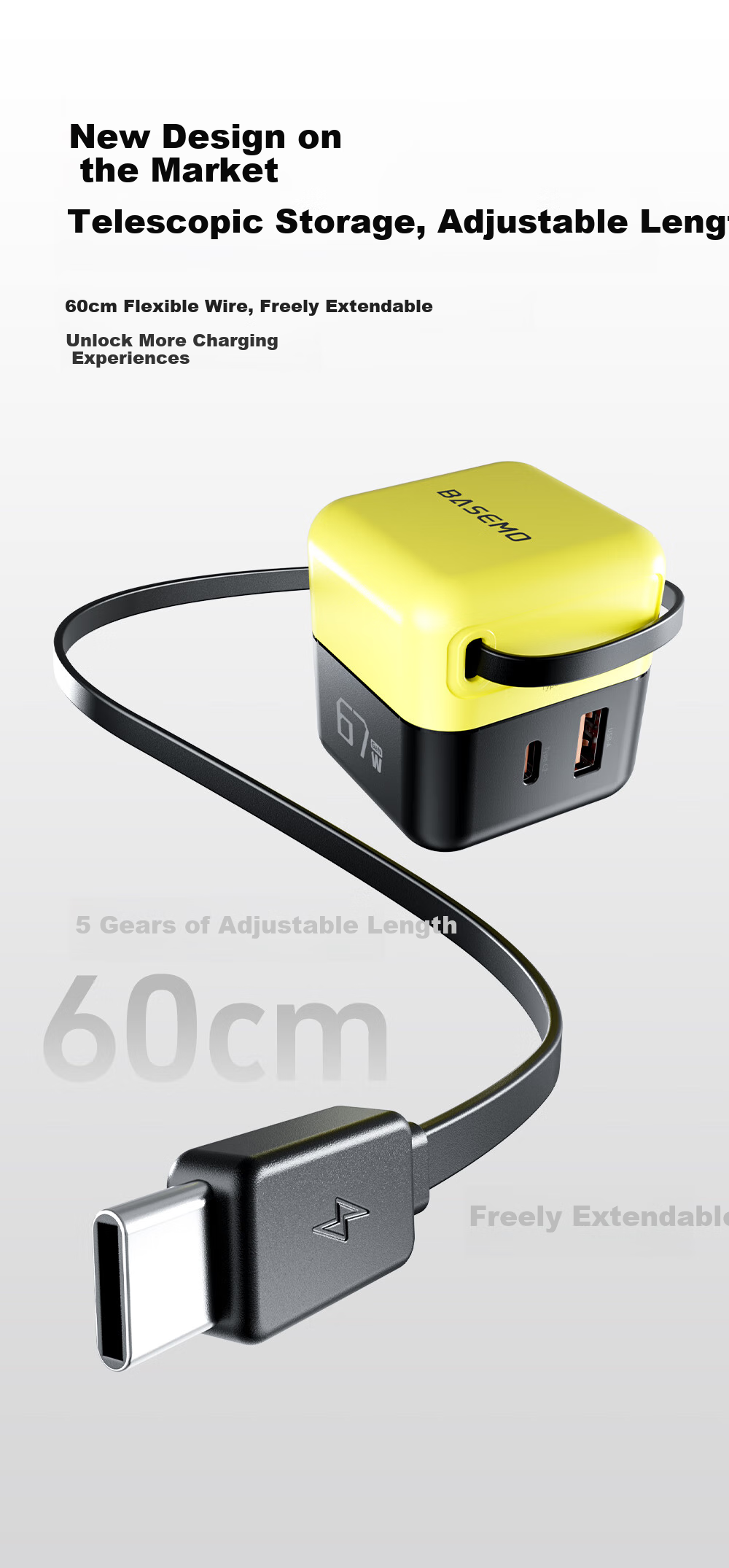 Beimo 67W GaN Быстрое зарядное устройство с выдвижным кабелем, совместимое с iPhone, Huawei, Xiaomi, планшетами, ноутбуками и MacBook Pro