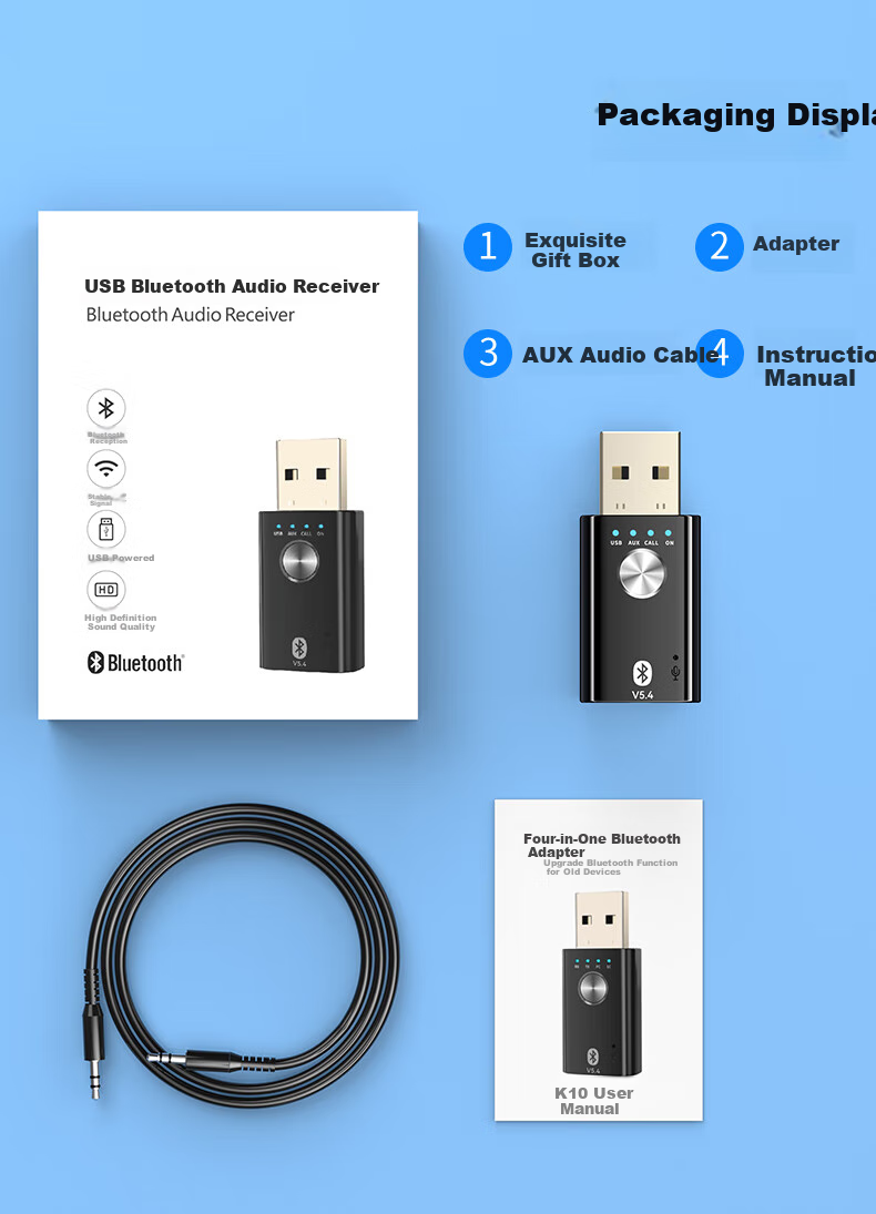 BIAZE USB Bluetooth Adapter 5.4 Audio Receiver/transmitter Two-In for Mobile to AUX Car Speakers/sound Systems Amplifiers, Calls/music navigatio