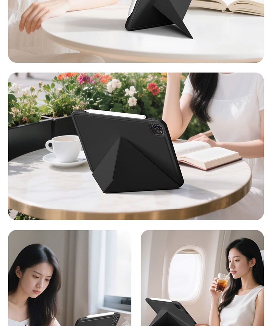 Чехол-книжка Zhiting для iPad Pro 2024 11 дюймов, с полным покрытием, съемный магнитный K-Fold, двусторонний зажим, тонкая многоугловая складная вращающаяся подставка, защита от изгиба и падения - темно-черный