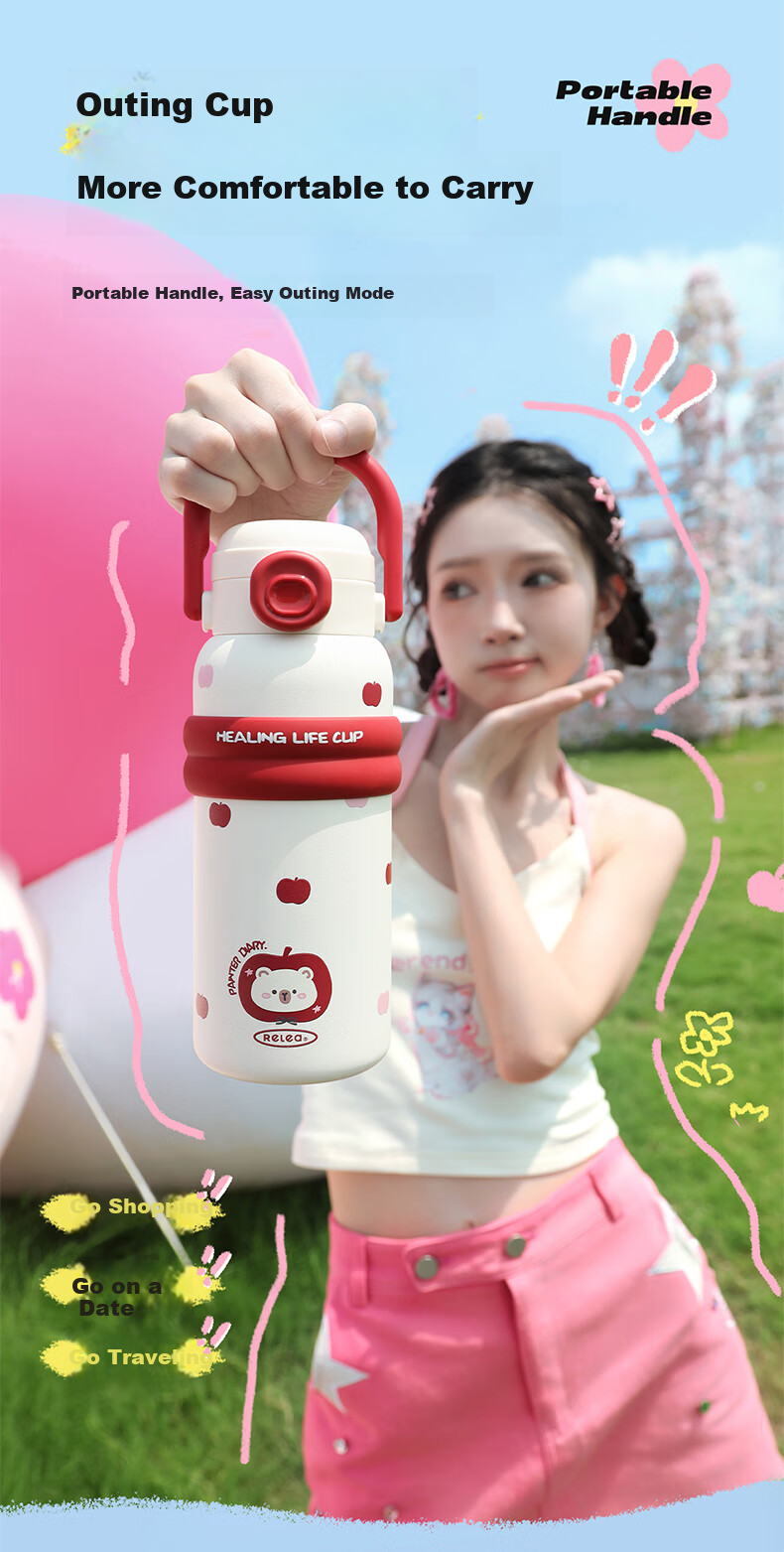 Термокружка RELEA Insulated Mug, 550 мл, нержавеющая сталь 316L, с трубочкой, для женщин, детей, студентов, подарок на Новый год