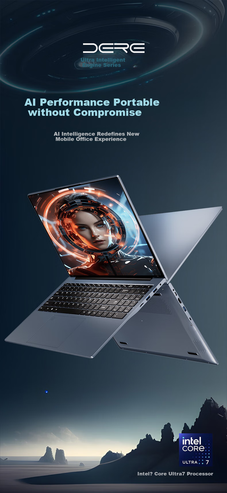 Ноутбук Dere Zhiqing Series Core Ultra7 155H, 16-дюймовый, 16 ГБ ОЗУ, 512 ГБ SSD, тонкий и легкий, для бизнеса и игр, Space Gray