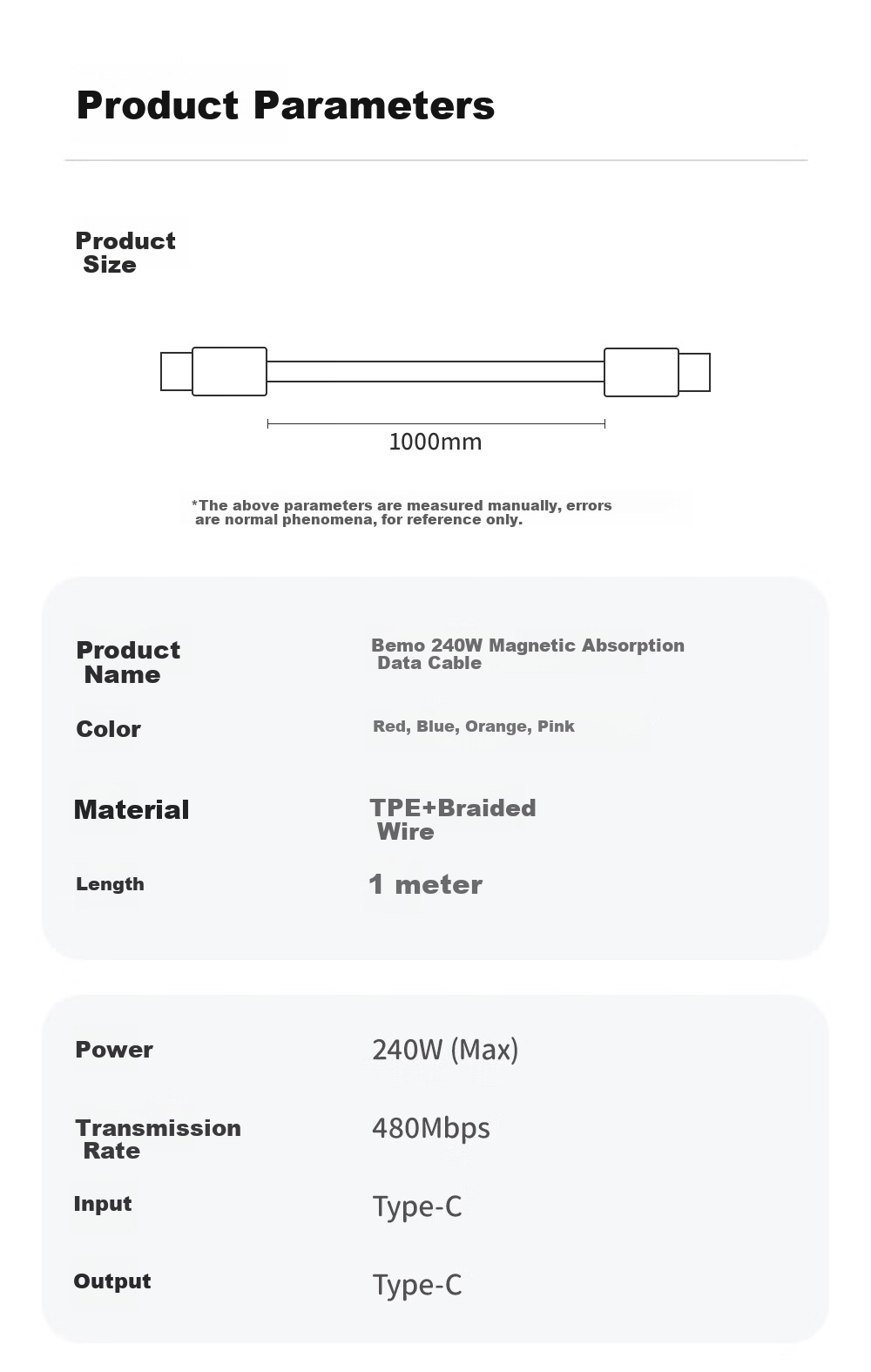 Кабель Beimo Magnetic Type-C, 240 Вт, быстрая зарядка, 1 метр, синий