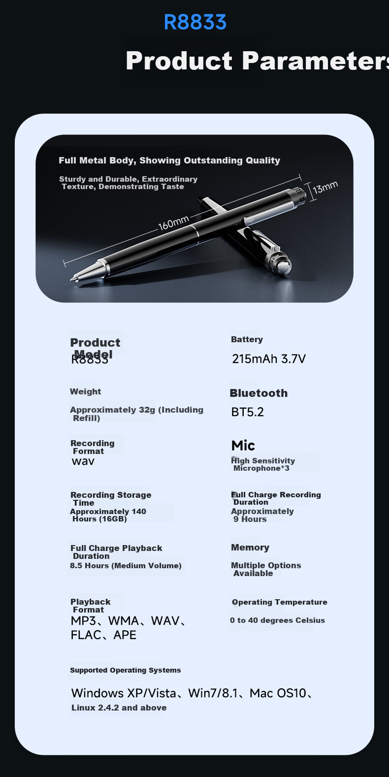 Aigo Smart AI Диктофон R8833, 64GB, запись голоса, портативный, MP3, черный