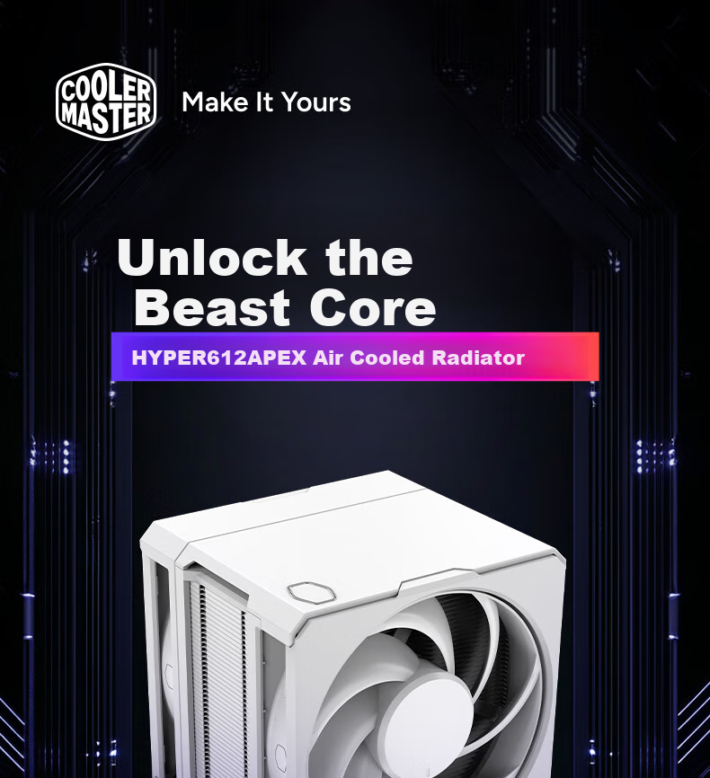 Кулер для процессора CoolerMaster Hyper 612 White, 6 тепловых трубок, однобашенный, два вентилятора Mobius, универсальная поддержка LGA1700