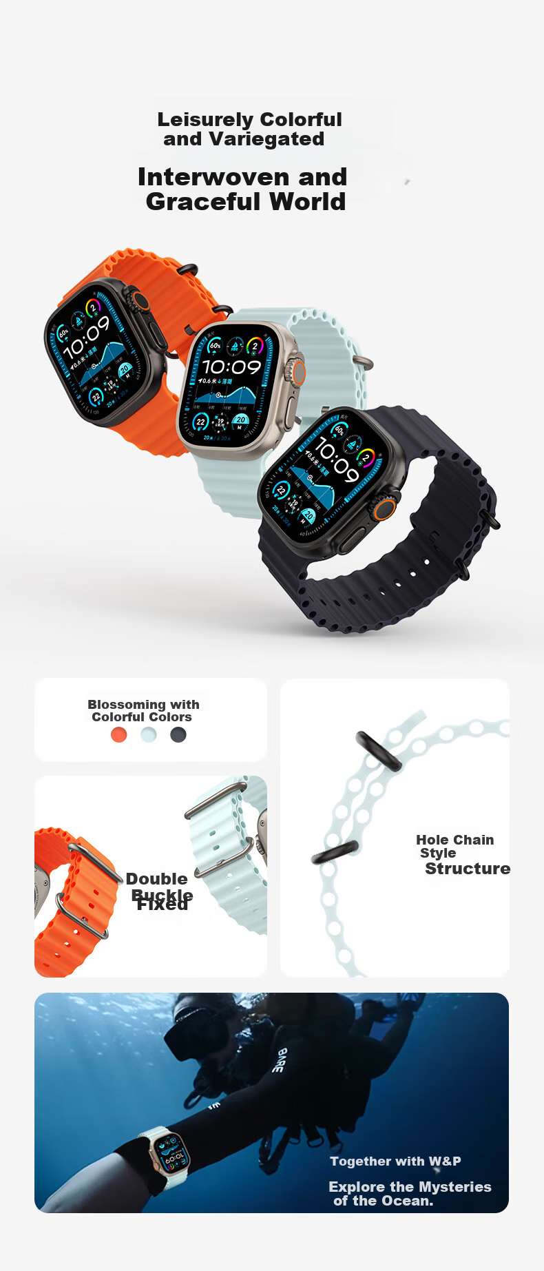 Ремешок W&P Ocean Silicone для Apple Watch Ultra 3/2/1/SE, черный, размер 45 мм