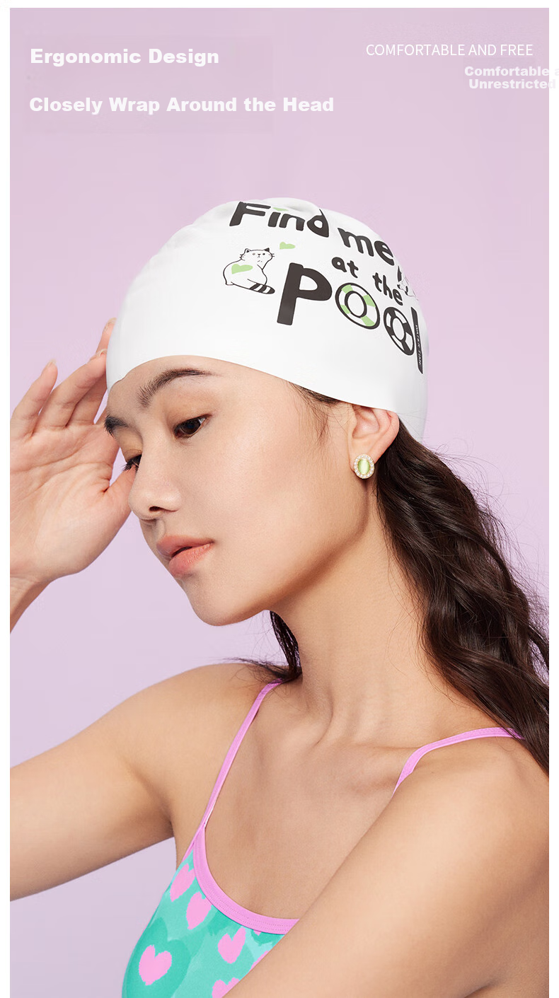 Шапочка для плавания WATERTIME Silicone Printed Swimsuit Cap, большая, для взрослых, для длинных волос, ленивый полдень / белый
