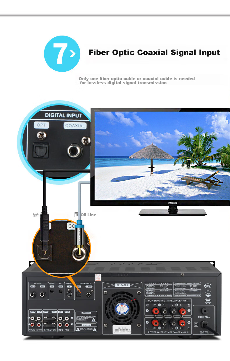 Усилитель SHILE OK-555A, с оптическим и коаксиальным входом, Bluetooth, функцией записи, анти-громкостью, караоке-усилитель высокой точности, 250 Вт