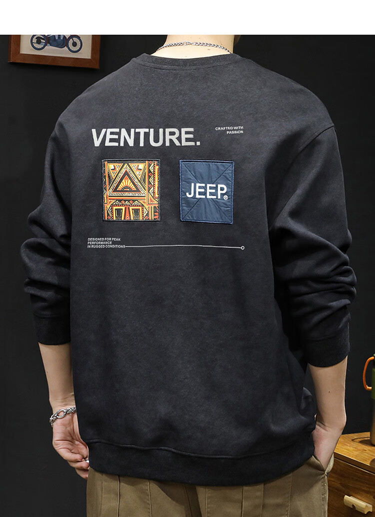 Мужская толстовка JEEP, свободная круглая горловина, длинный рукав, для осени и зимы, плотная повседневная базовая футболка, черная, размер M