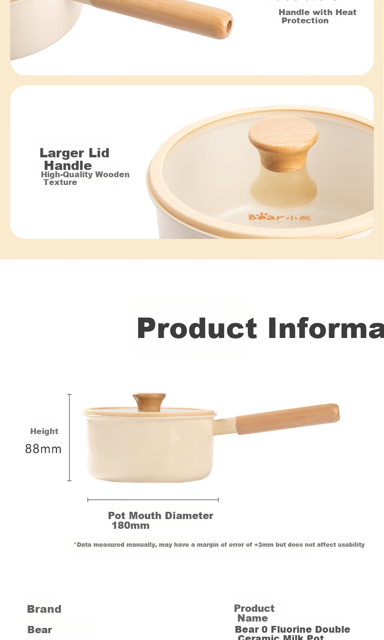 Кастрюля-молоковарка Bear Ceramic Non-Stick, 18 см, с антипригарным покрытием, для детского питания, супа, молока, универсальная для плиты