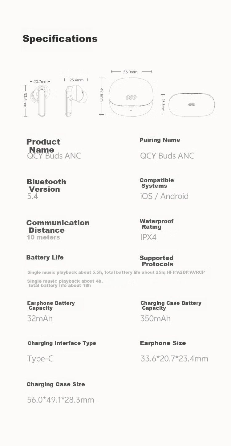 Беспроводные наушники QCY Buds ANC с активным шумоподавлением, True Wireless Bluetooth, 45 дБ, защита от шума при звонках, низкая задержка для игр, спортивные, совместимы со всеми смартфонами, цвет "Каменный Серый"