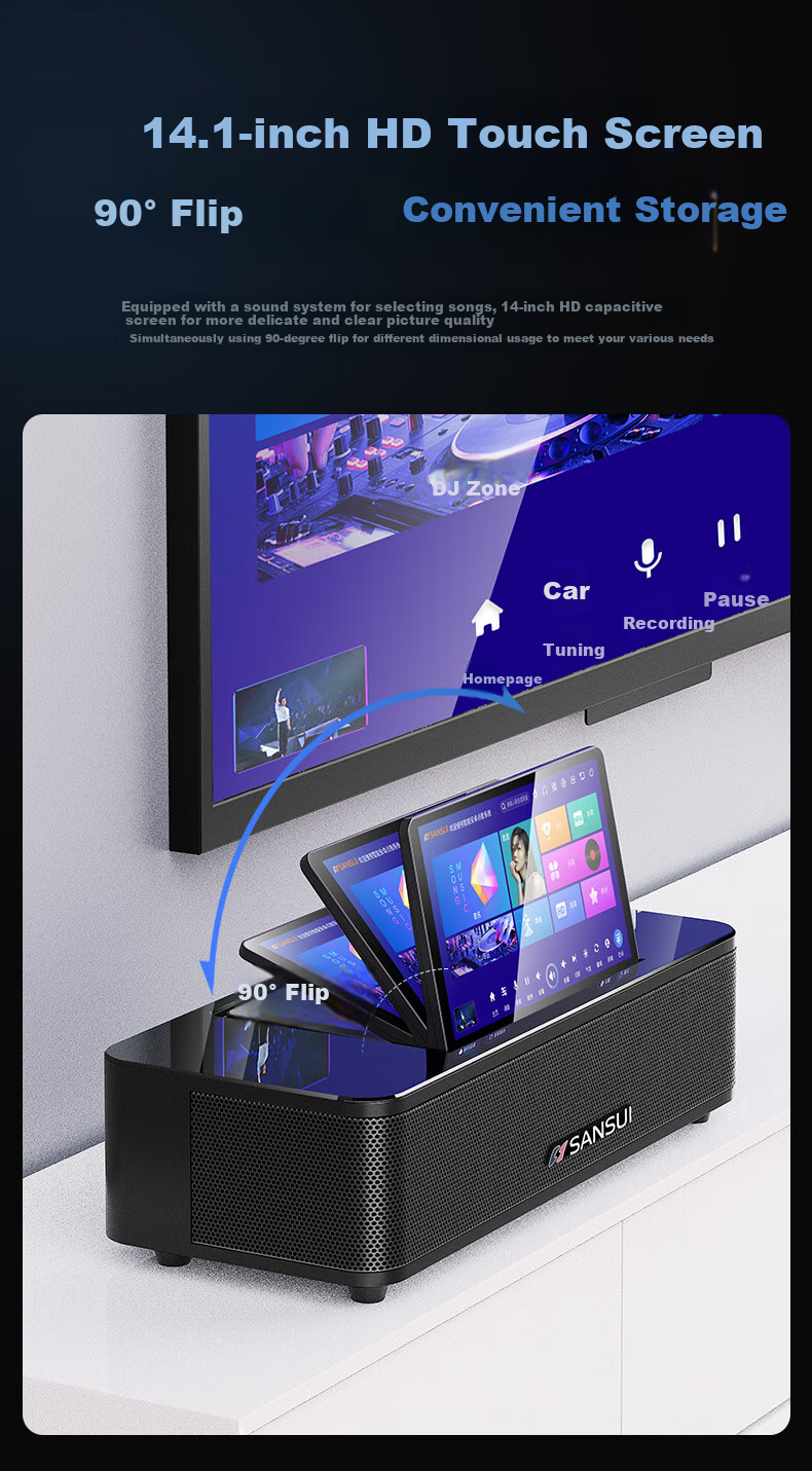 SANSUI 96H Умная домашняя караоке-система, портативная колонка с Bluetooth, Wi-Fi, HDMI, USB, оптическим и AUX входами, 14.1-дюймовый сенсорный экран, 500 ГБ памяти, 2 микрофона