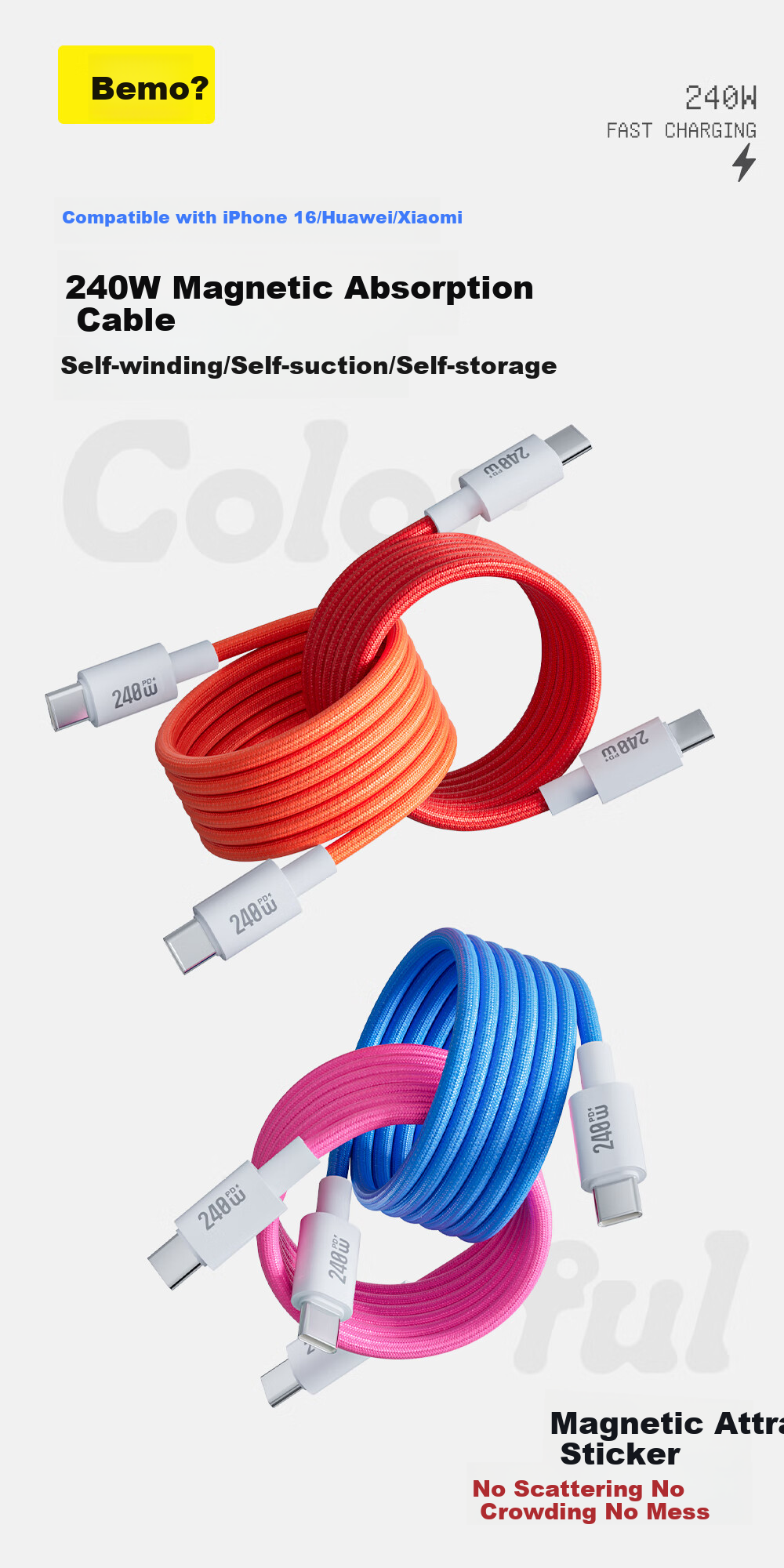 Кабель Beimo Magnetic Type-C, 240 Вт, быстрая зарядка, 1 метр, синий