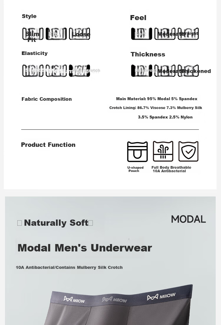 Мужские трусы MiiOW, модель "Upgraded 10A Antibacterial Men's Underwear, Modal Fabric", размер 4XL, из модала, с антибактериальным эффектом, с ластовицей из шелка тутового дерева