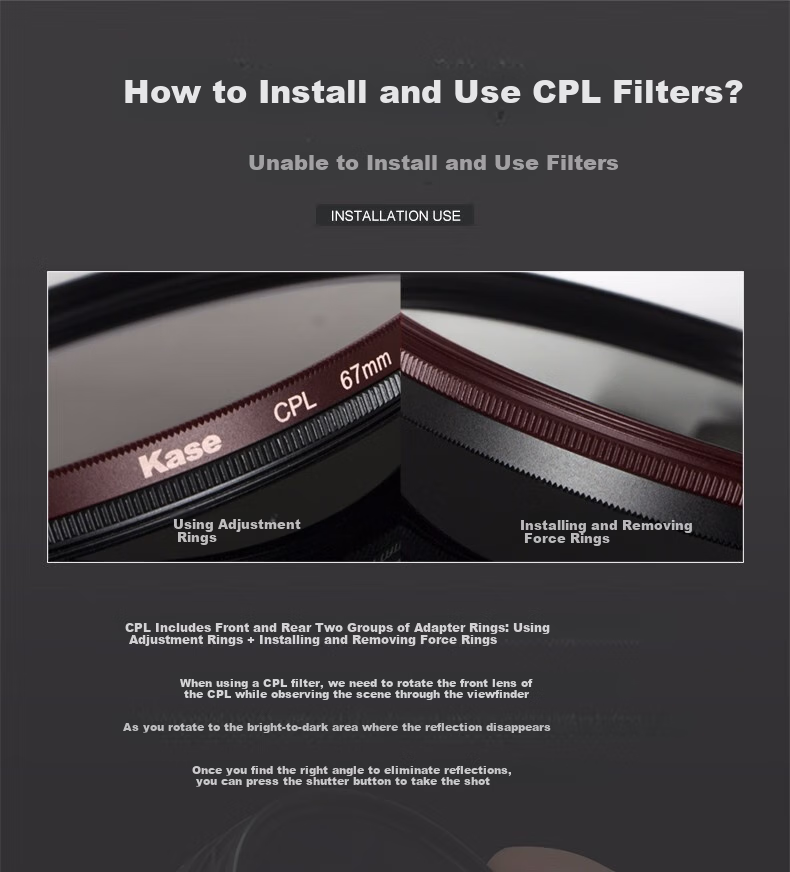 Kase MC CPL Polarizing Filter, поляризационный фильтр высокого разрешения с двусторонним многослойным покрытием для устранения отражений воды в ландшафтной фотографии, модель 67 мм