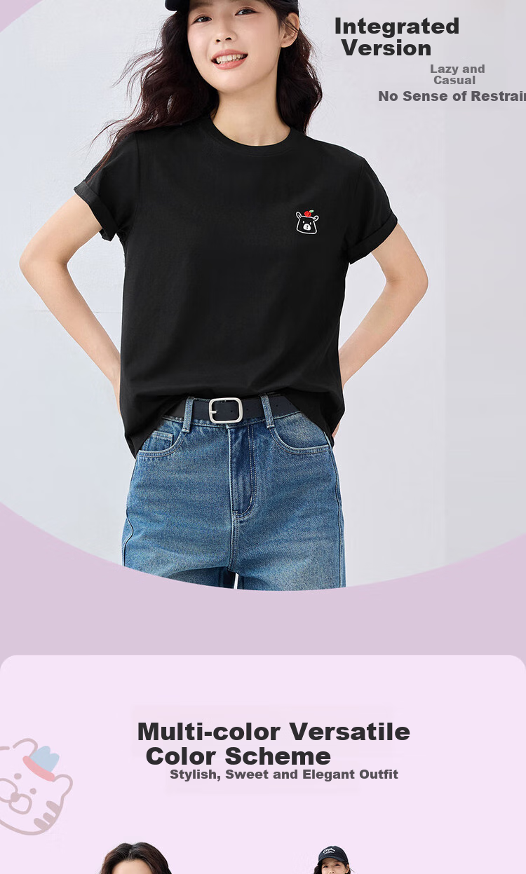 Женская футболка Giordano с коротким рукавом, летняя, 100% хлопок, с вышивкой милого животного, круглый вырез, модель 13325324