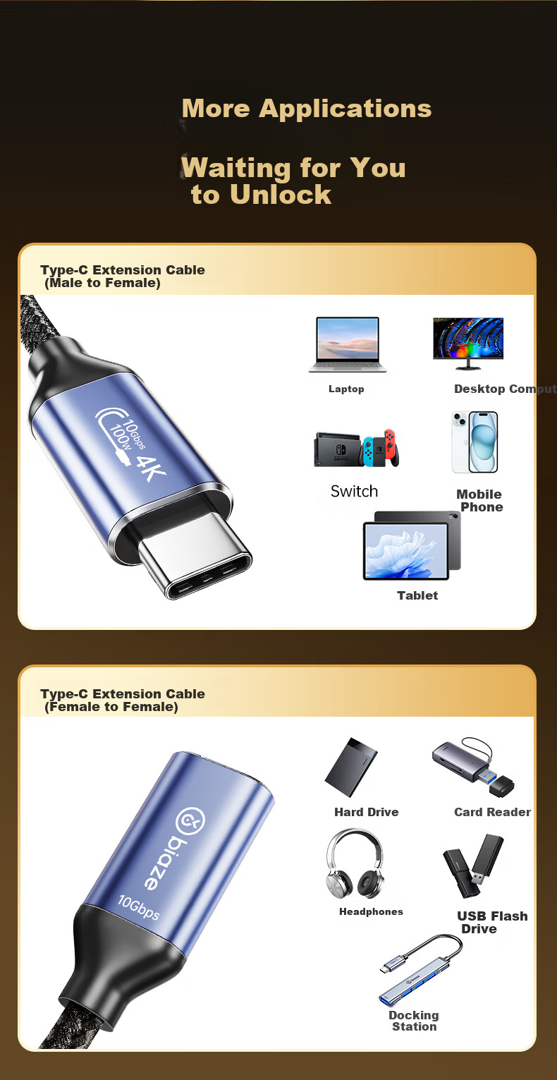 Кабель-удлинитель BIAZE Type-C Male to Female, USB 3.2 Gen 2, PD 100W, 0.5 метра, черный