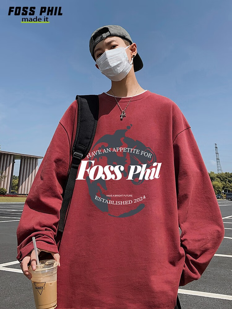Футболка с длинным рукавом Foss Phil из чистого хлопка для мужчин, трендовая повседневная футболка оверсайз на осень, унисекс, с круглым вырезом, FPCT3, черная, XL