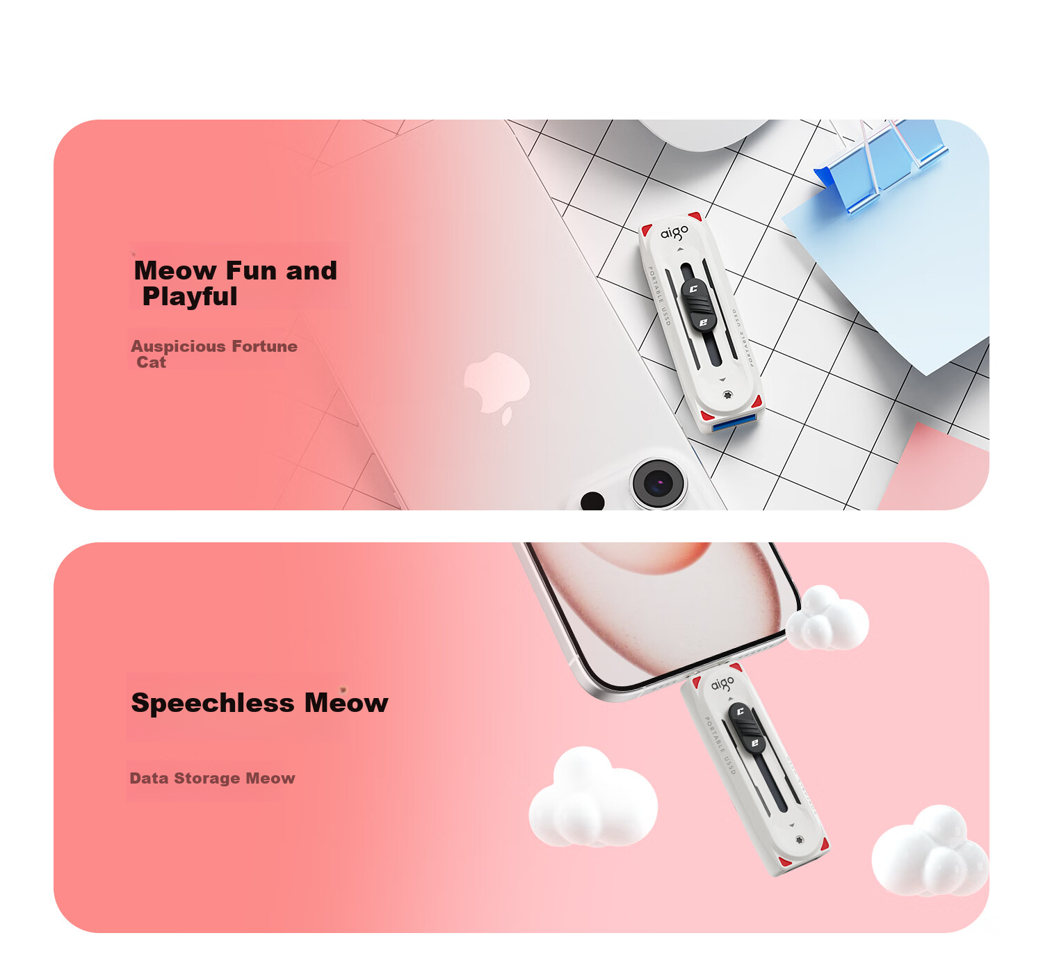 Aigo 256GB USB 3.2 Type-C OTG флеш-накопитель, 520 МБ/с, M0, двойной интерфейс для телефона и компьютера, большой объем, милый дизайн с мультяшным котиком