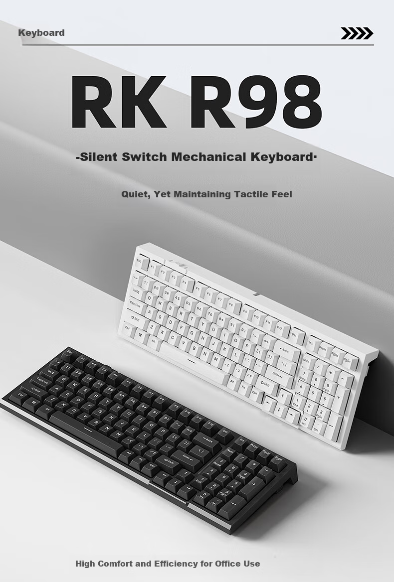 RK R98 Tri-Mode Mechanical Keyboard, Wireless And Wired, Bluetooth Compatible, 99 Keys, for Computer Office Use, Quiet Switches, Gaming-Friendly, Full N-Key Rollover, Long Battery Life, Non-Luminous ABS Keycaps, White, Light Feather Switches