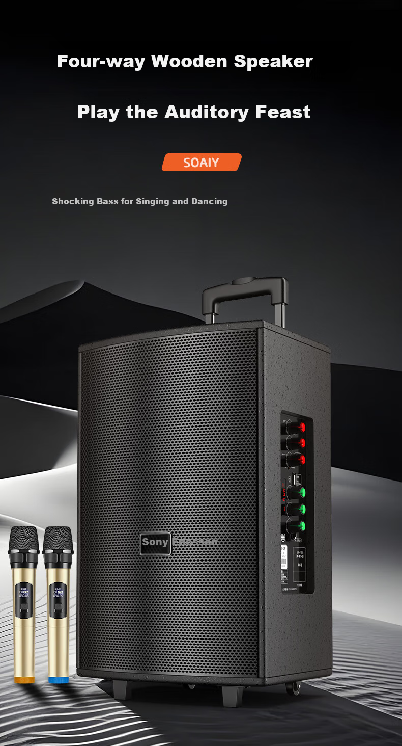 Портативная колонка Soaiy SA-X23L, 15 дюймов, деревянный корпус, Bluetooth, USB, AUX, 3-полосная, 9 динамиков, двойной микрофон