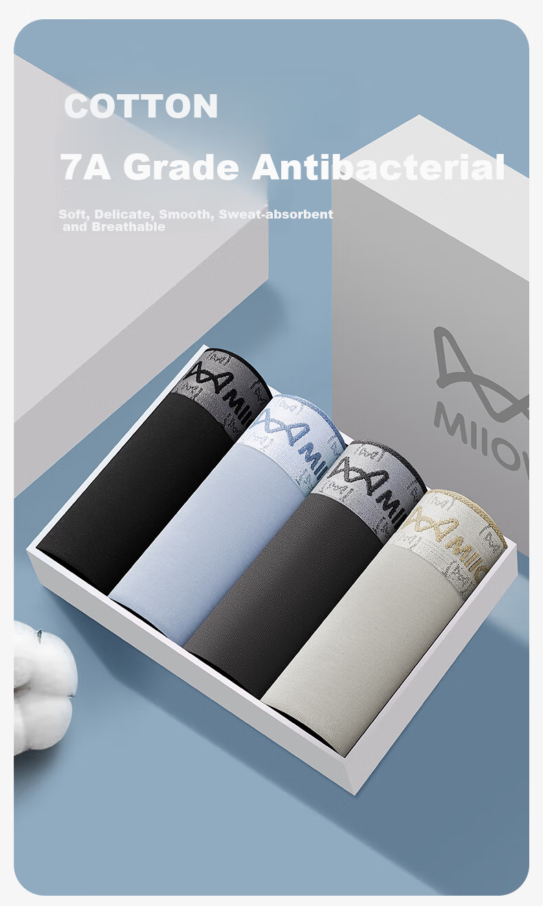 Мужские трусы MiiOW Cotton Premium, 4 пары, размер 2XL, черные + светло-серые + темно-серые + светло-синие