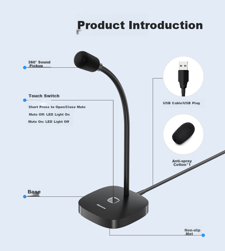Компьютерный микрофон Newmine ZM15, USB, конденсаторный, для караоке, игр, стриминга, шумоподавление, для видеоконференций, онлайн-классов, настольный, черный