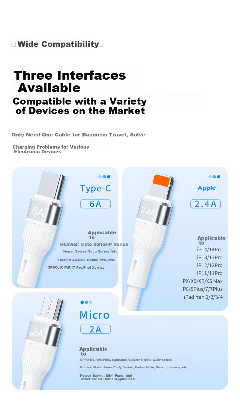 AMKE Кабель для зарядки 3-в-1, 100 Вт, Type-C, Lightning, Micro-USB, белый, 2 метра