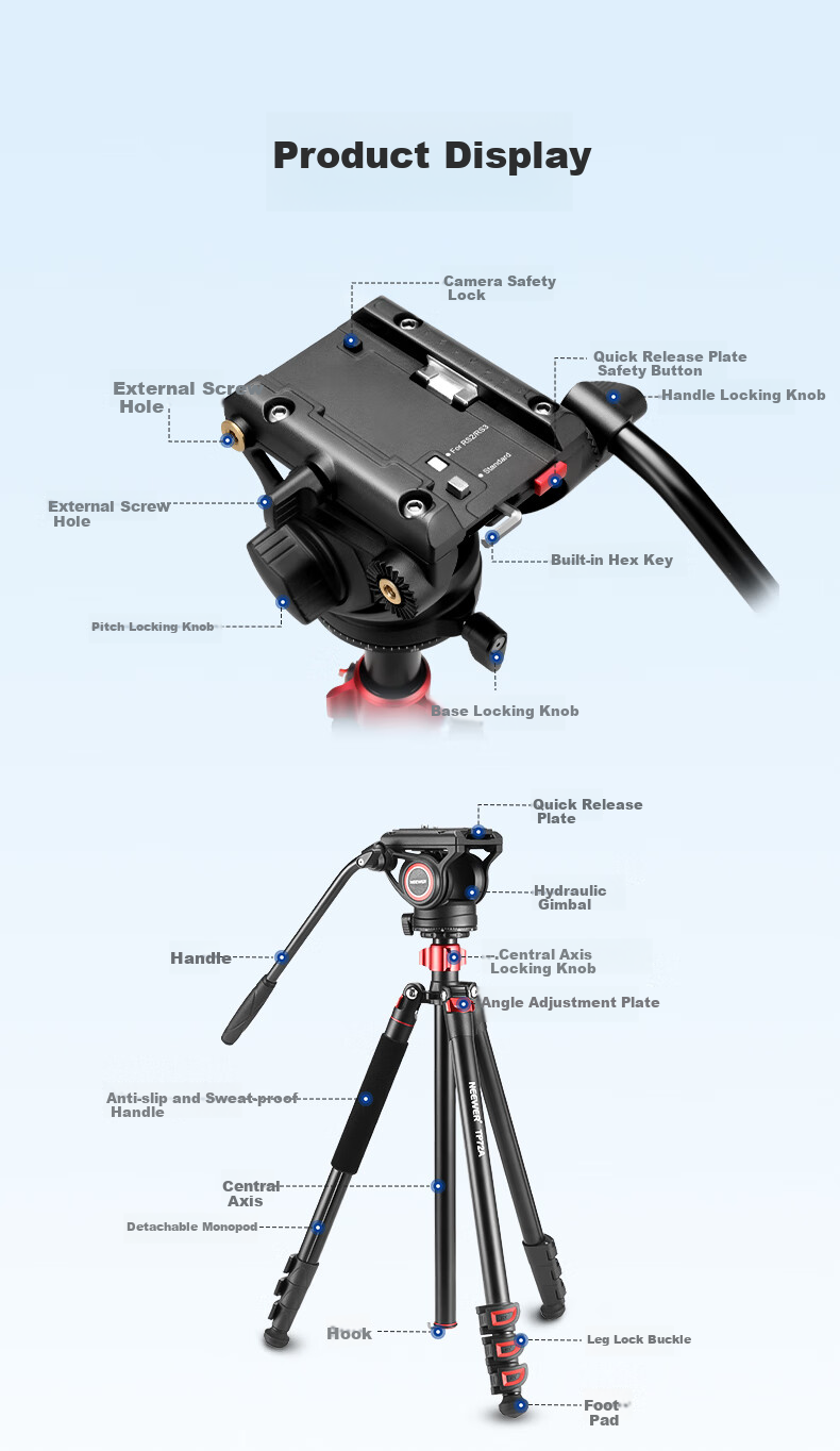 Профессиональный гидравлический штатив NEEWER N555 с моноподом, штатив для DSLR и беззеркальных камер, стабилизатор для съемки, регулируемый кронштейн