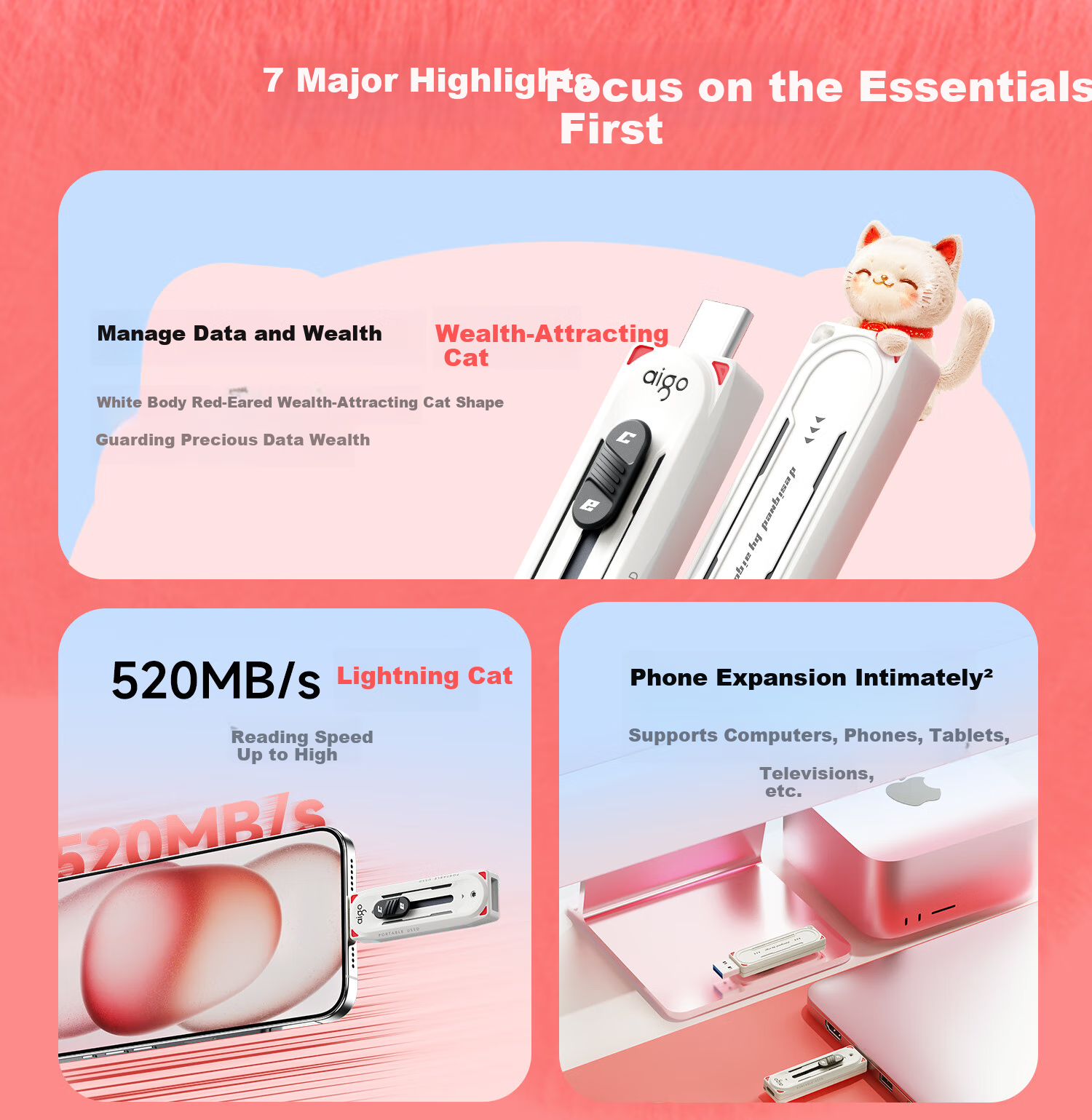 Aigo 256GB USB 3.2 Type-C OTG флеш-накопитель, 520 МБ/с, M0, двойной интерфейс для телефона и компьютера, большой объем, милый дизайн с мультяшным котиком