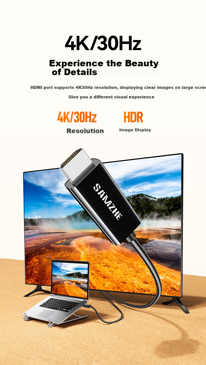 Кабель SAMZHE Type-C - HDMI, адаптер USB-C, 4K HD, 1 метр