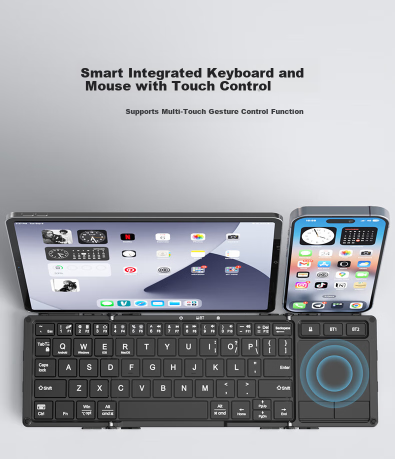 Беспроводная складная клавиатура B.O.W Hangshi HD088F с тачпадом, Bluetooth, для ПК, ноутбуков, планшетов и смартфонов, ультратонкая, с подставкой, цвет молочный чай