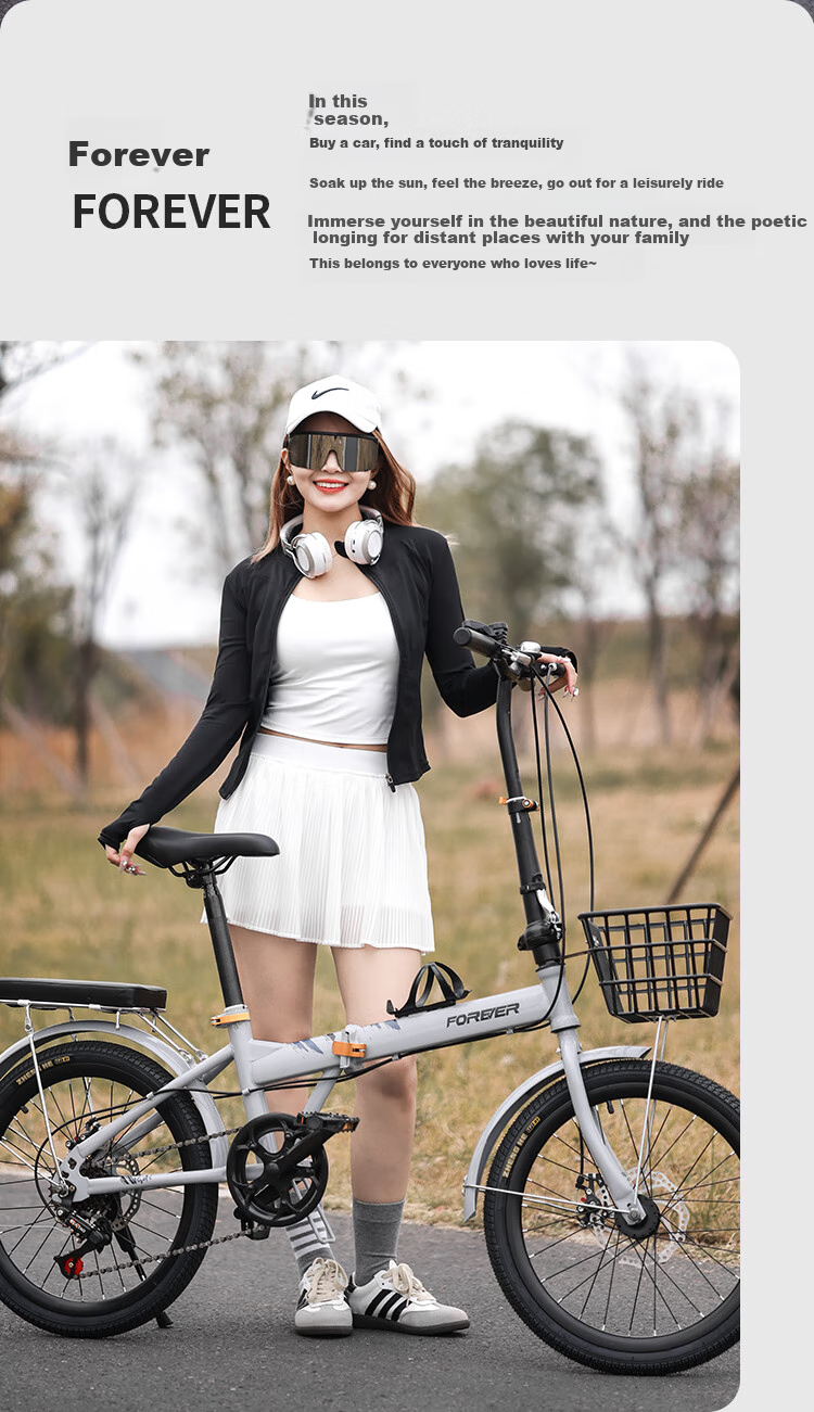FOREVER 7 Speed 22-Inch City Folding Bicycle for Men, Women, Adults, Teenagers, Students, Children, Gray