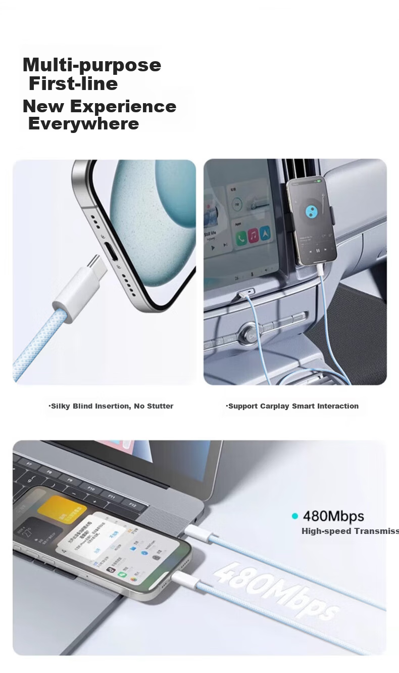 Кабель Smorss Type-C to Type-C, 1.5 метра, синий, PD65W быстрая зарядка, для ноутбука, планшета, телефона