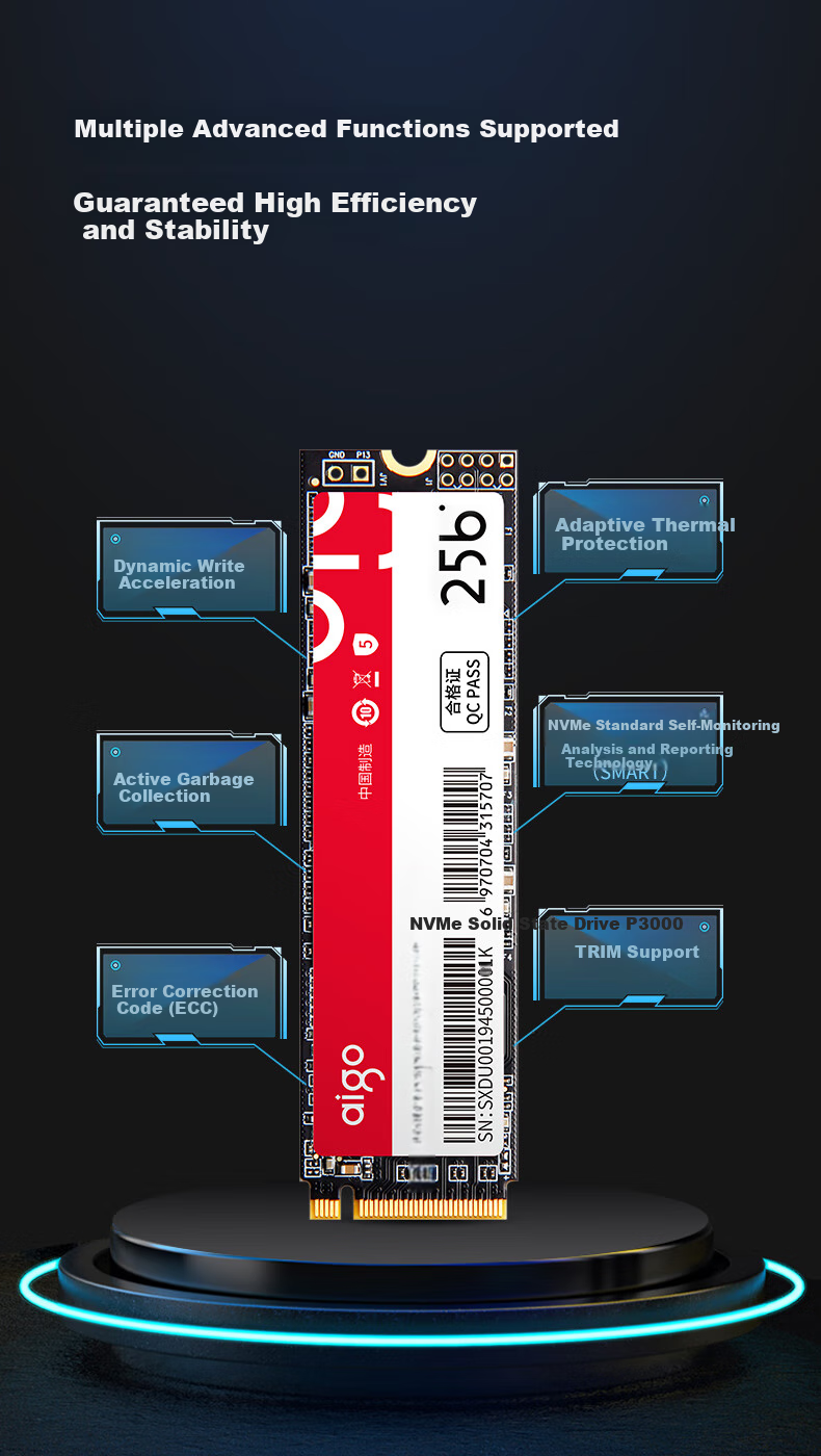 SSD накопитель Aigo P3000, 256 ГБ, M.2, NVMe, PCIe 3.0, скорость чтения 3000 МБ/с