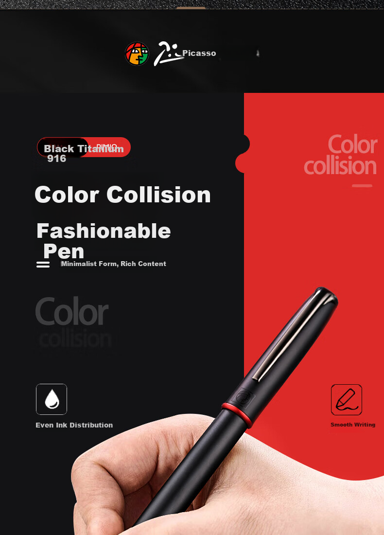 Перьевая ручка Pimio Malaga Series 916 Midnight Black, 1.0 мм, черная, с изогнутым пером, для каллиграфии и письма