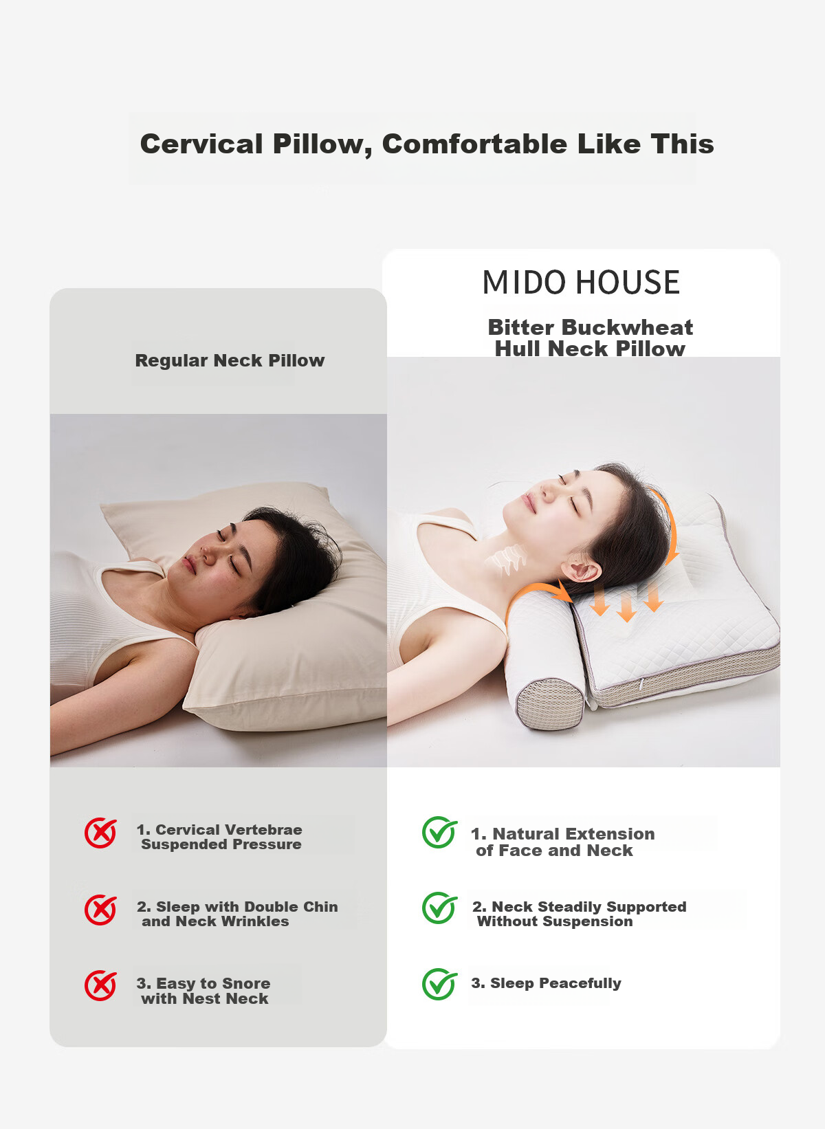 Подушка MIDO HOUSE Mingdu, ортопедическая, с гречневой лузгой, для глубокого сна, 44.6x8 см