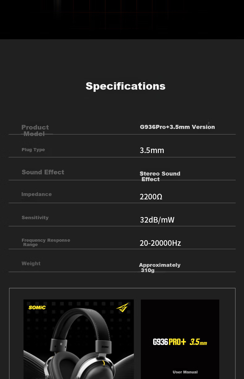 Игровая гарнитура SOMIC G936 PRO+, полноразмерная, проводная, с микрофоном, черная