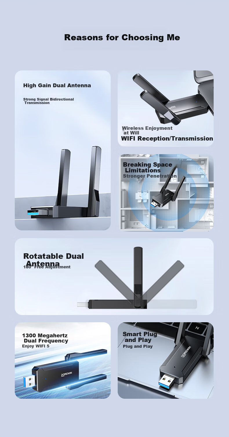 Wi-Fi адаптер DOREWIN AC1300, гигабитный USB, двухдиапазонный 5G, для настольных ПК и ноутбуков, 1300 Мбит/с