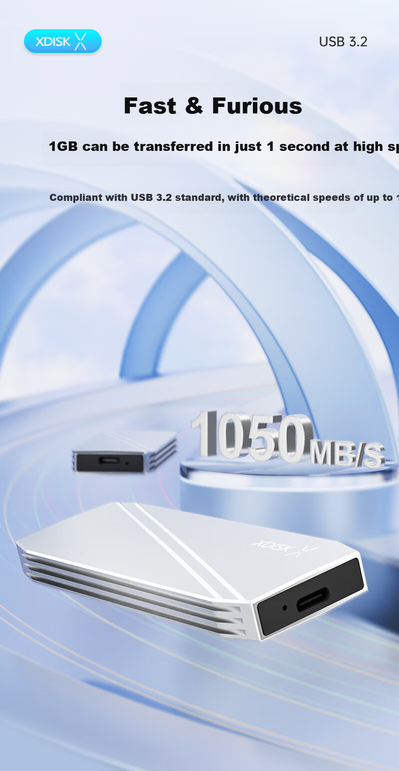 Портативный SSD-накопитель Xiaopan (XDISK) M Series, 512 ГБ, USB 3.2 Gen 2 Type-C, NVMe, серебристый