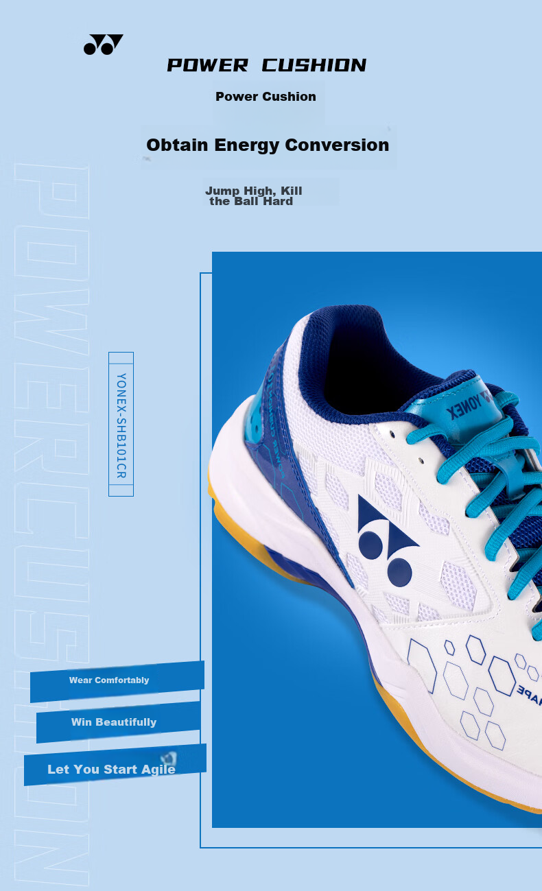 Кроссовки для бадминтона YONEX SHB101CR, мужские и женские, с амортизацией Power Cushion, для начинающих, размер 43, белый/синий