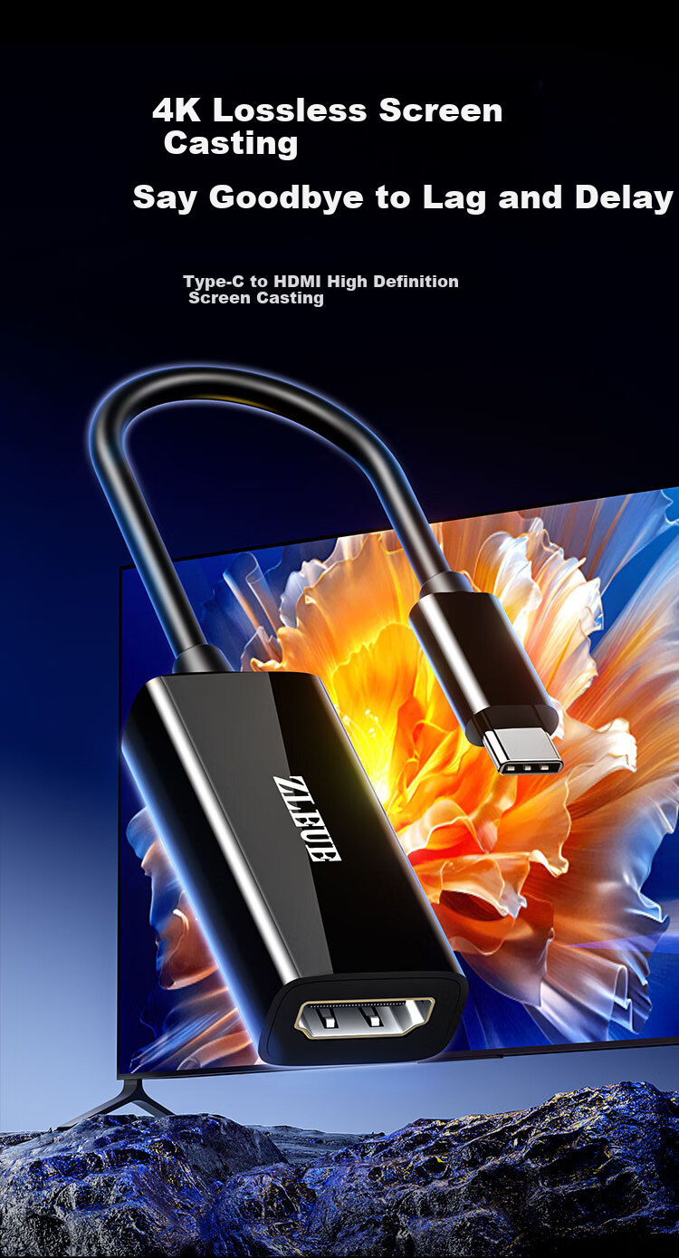 Кабель ZLEUE Type-C - HDMI, конвертер Thunderbolt 5/4, адаптер USB-C, зеркалирование экрана высокой четкости, совместимый с телефонами и ноутбуками Apple Huawei Xiaomi Z106A