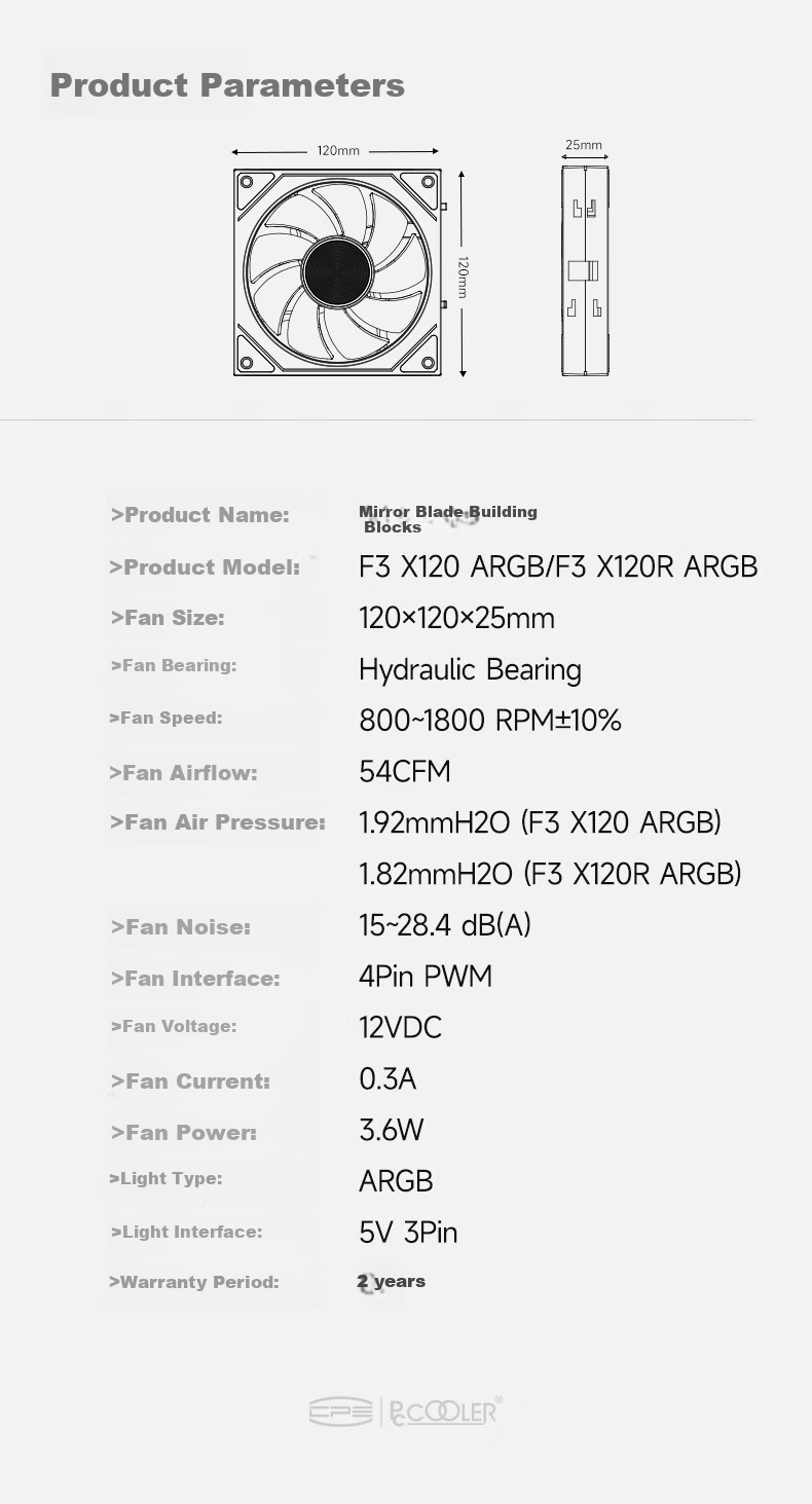 Вентилятор для корпуса PCCOOLER F3 X120 ARGB BK, 120мм, ARGB подсветка, PWM, черный