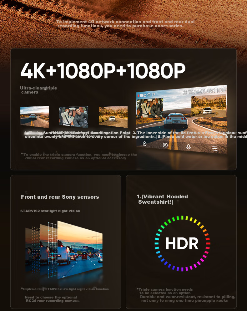 Видеорегистратор 70mai A810Plus, 4K Ultra HD, двойная запись (передняя и задняя), с двумя датчиками Sony