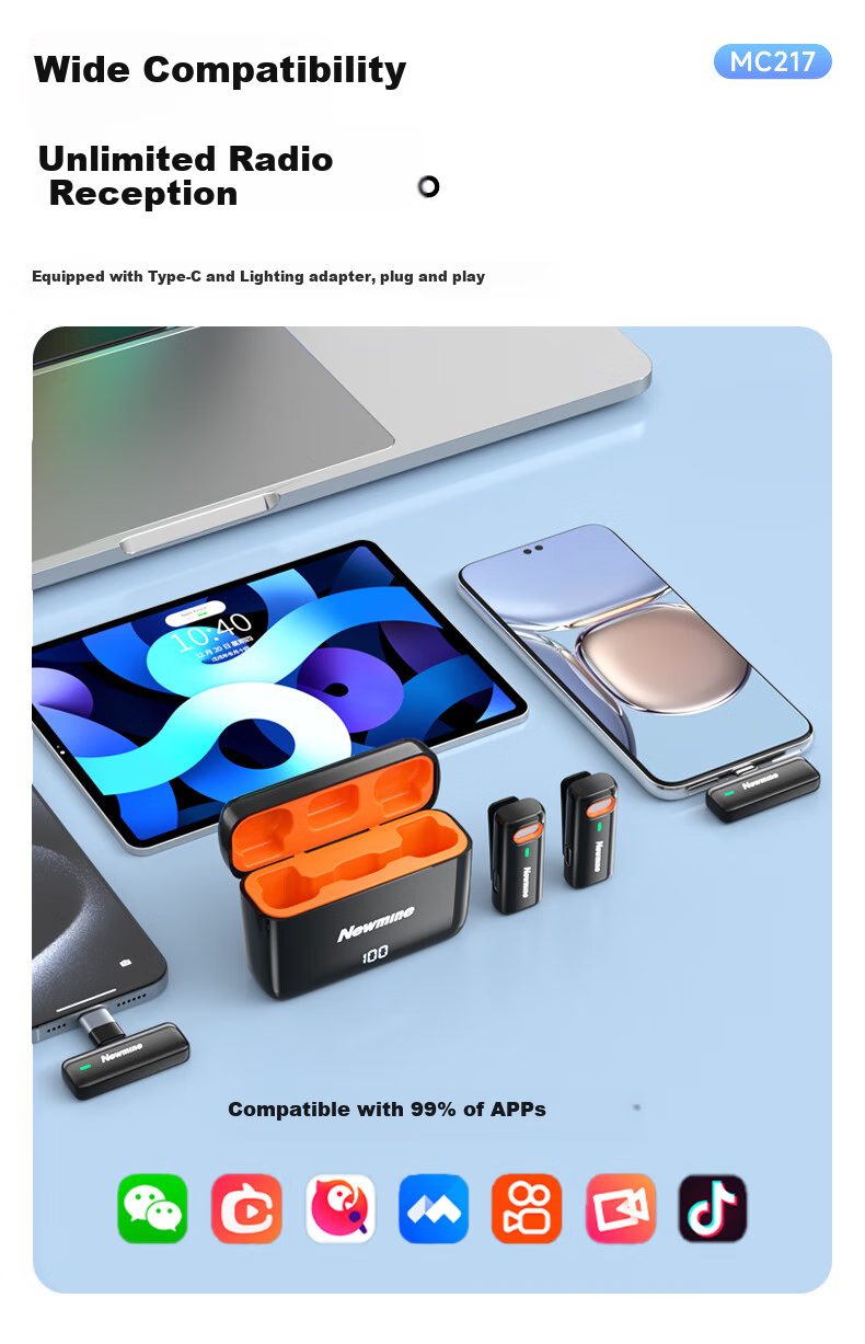 Беспроводной петличный микрофон Newmine MC217 Pro для прямой трансляции, записи коротких видео, караоке, с шумоподавлением, универсальный для телефонов и компьютеров, версия для двух человек
