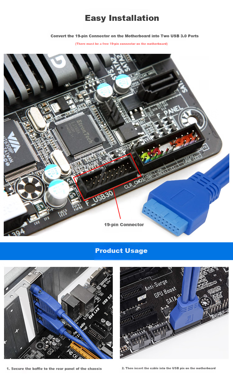 Кабель-удлинитель MOGE MC8230 USB 3.0 для задней панели, 20-контактный/19-контактный на два порта USB 3.0, карта расширения, плата расширения USB 3.0 на 2 порта