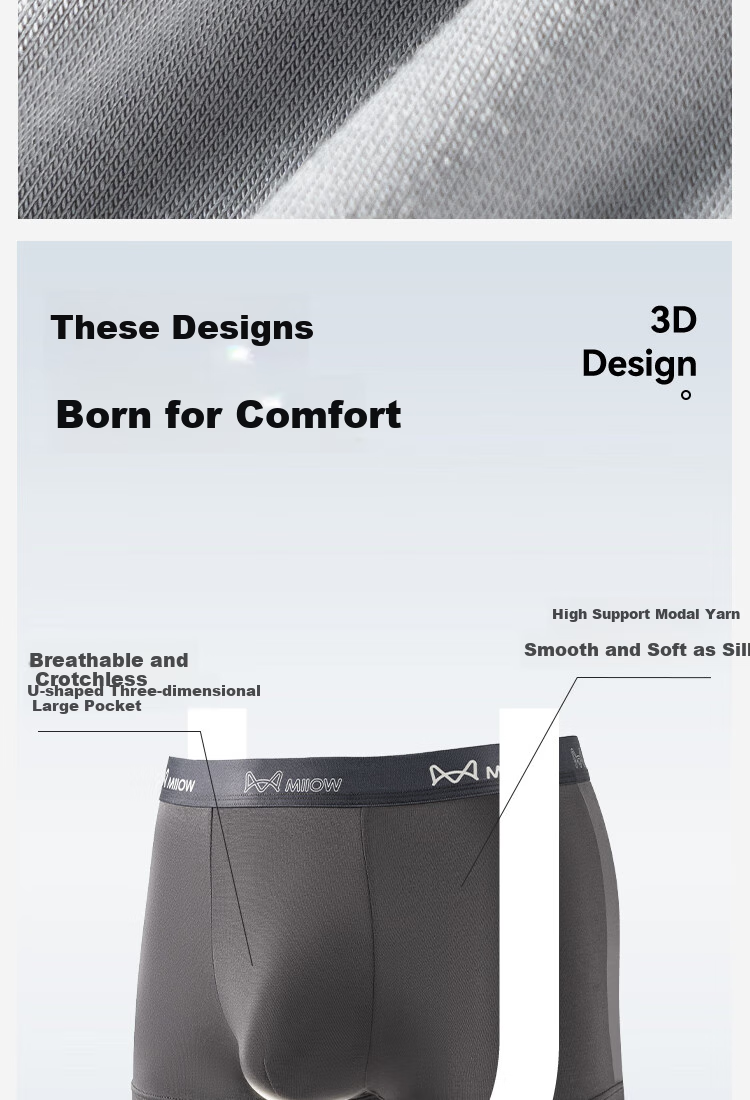 Мужские трусы MiiOW, модель "Upgraded 10A Antibacterial Men's Underwear, Modal Fabric", размер 4XL, из модала, с антибактериальным эффектом, с ластовицей из шелка тутового дерева