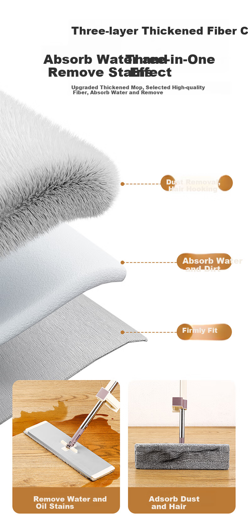 Швабра MARYYA Hands-Free Flat Mop, 42 см, 2 насадки в комплекте, бытовая универсальная швабра с водяным скребком, впитывающая швабра для пола