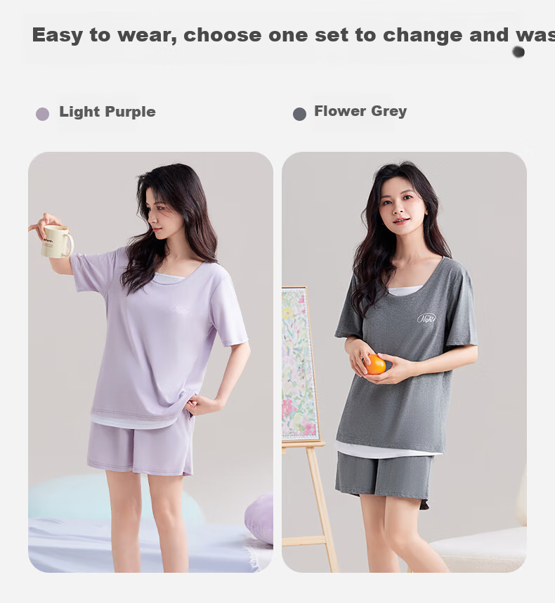 Женский летний комплект Yiershuang из 100% хлопка: топ с коротким рукавом и шорты, комплект для сна и отдыха, с чашечками на груди, светло-фиолетовый, размер XL