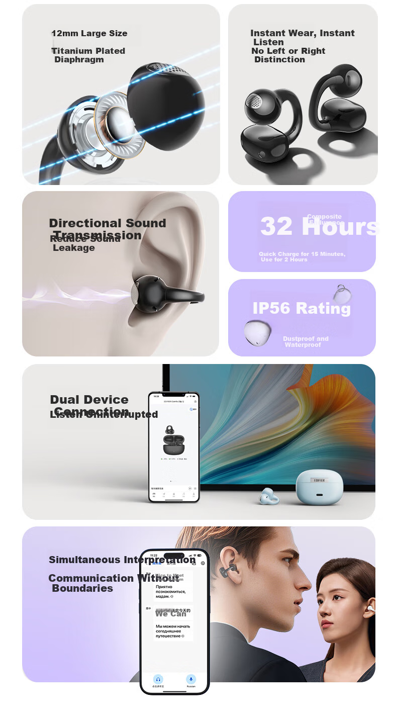 Наушники EDIFIER Comfo Clip QQ, беспроводные, с зажимом на ухо, с функцией перевода, Bluetooth 5.4, серые